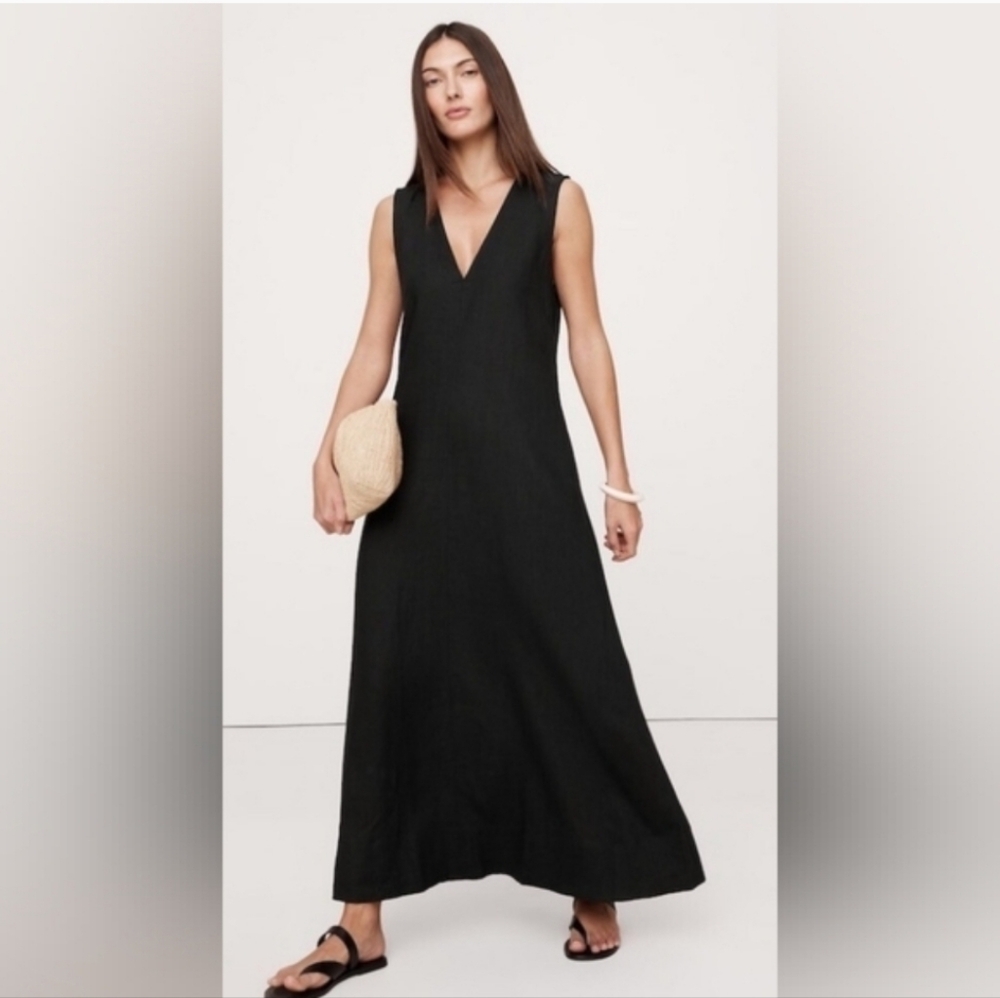 Banana Republic Linen V-Neck Maxi Dress Black